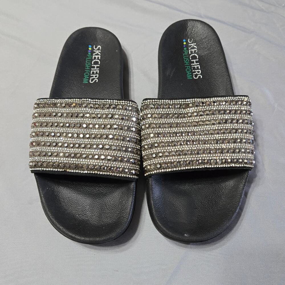 Skechers Sz 11 Womens Rocker Glam Rhinestone Bling Slide Sandals Black